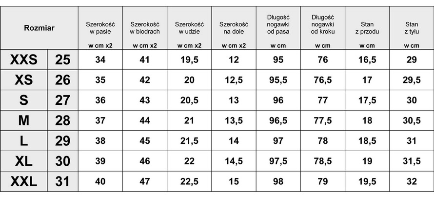 Tabelka wymiarów Spodnie Damskie Jeans Rurki Dopasowane model #556 fashionavenue.pl